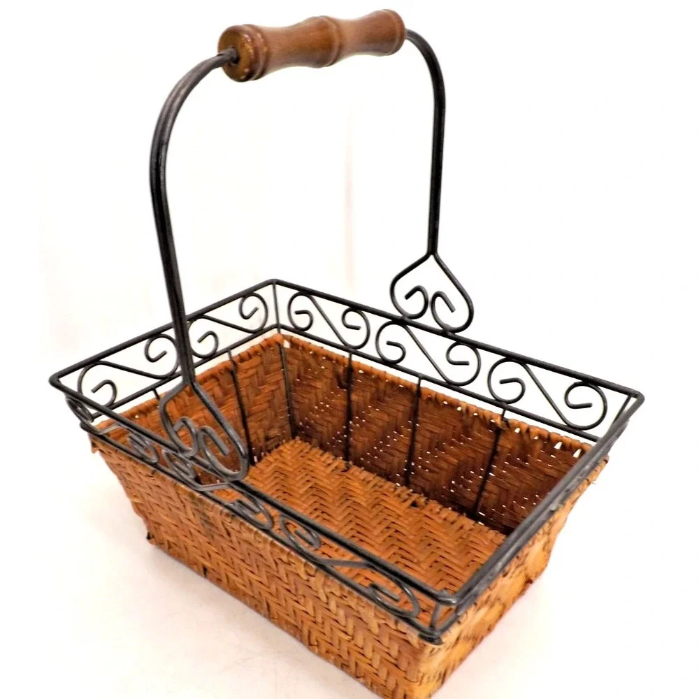 Scrollwork Metal & Woven Wicker Handle Basket - 7x11 x 5